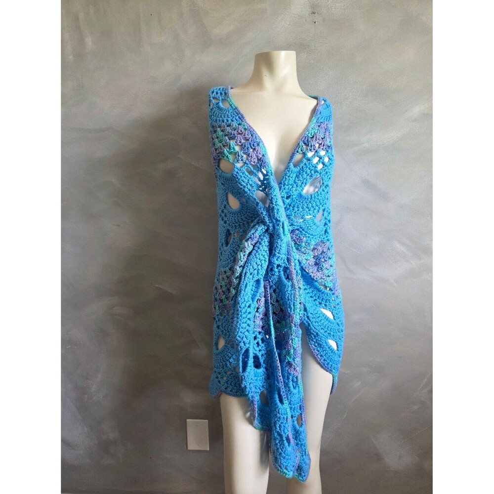 Handmade Variegated Blue Purple Crochet Butterfly Wing Shawl Ethereal Mystical
